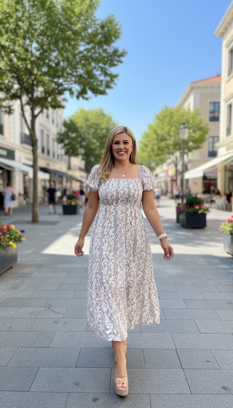 Vestido Blanco Estampado Color Café